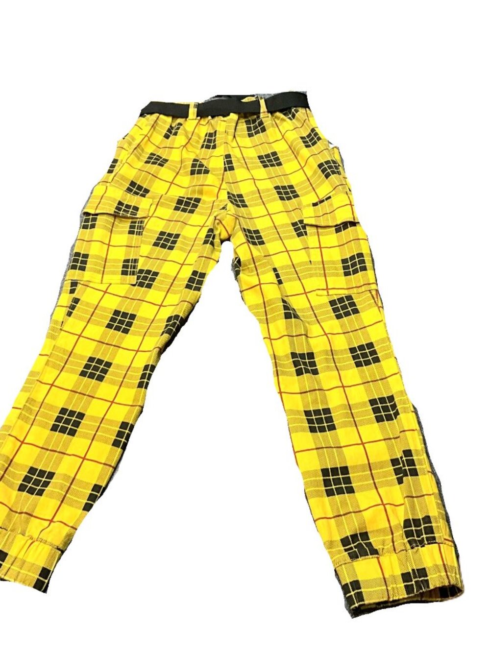 Almost Famous Yellow Plaid Cargo Jogger Pants Belted Cotton Blend Size L - Picture 2 of 10